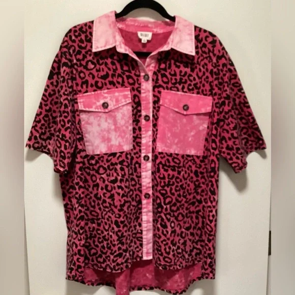 BiBi Pink Leopard Print Button-Up Shirt - Picture 5 of 6